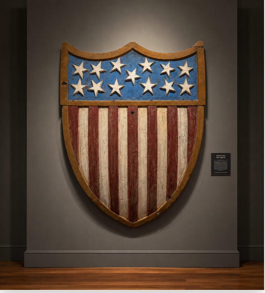 Important 1812 Carved Wood War Battleship Shield
