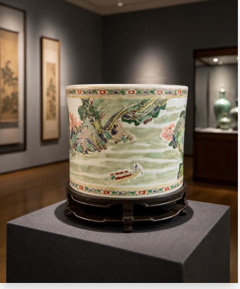 A large Famille Verte Porcelain Brushpot, Qing Dynasty probably Kangxi period.
