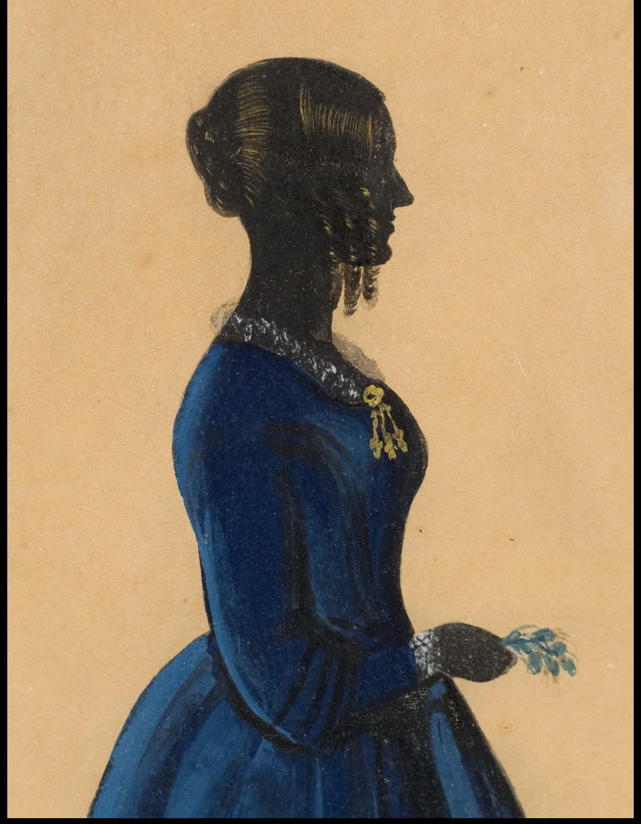 George “Angelo” Crowhurst (1795–1839) Attrib. Full-Length Profile Portrait of a Lady in a Blue Dress Holding Flowers.