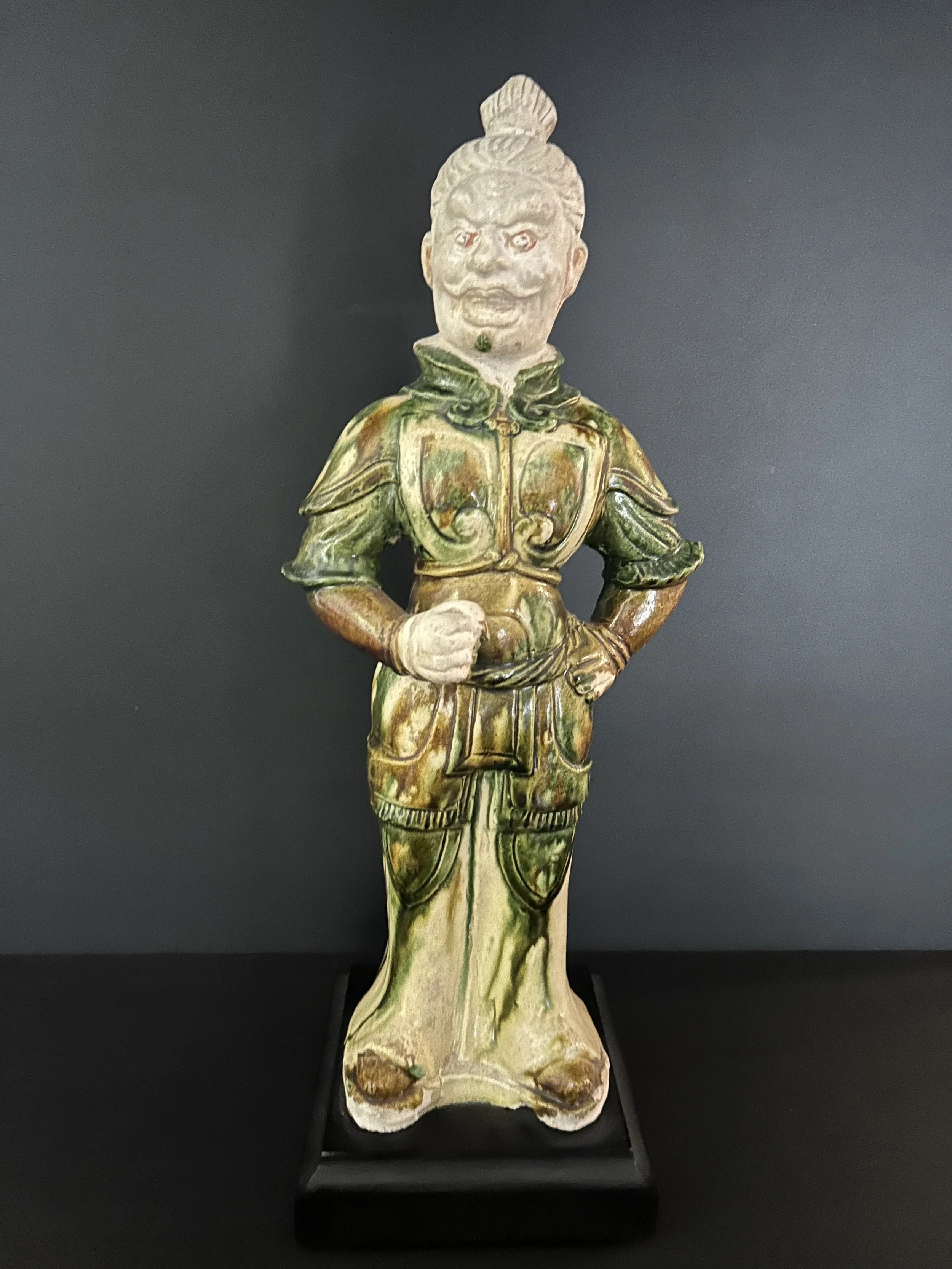 A Pair of Sancai-Glazed Guardian Figures with Breast Plates and Biscuits heads, Tang Dynasty. The Alan and Simone Hartman Collection.