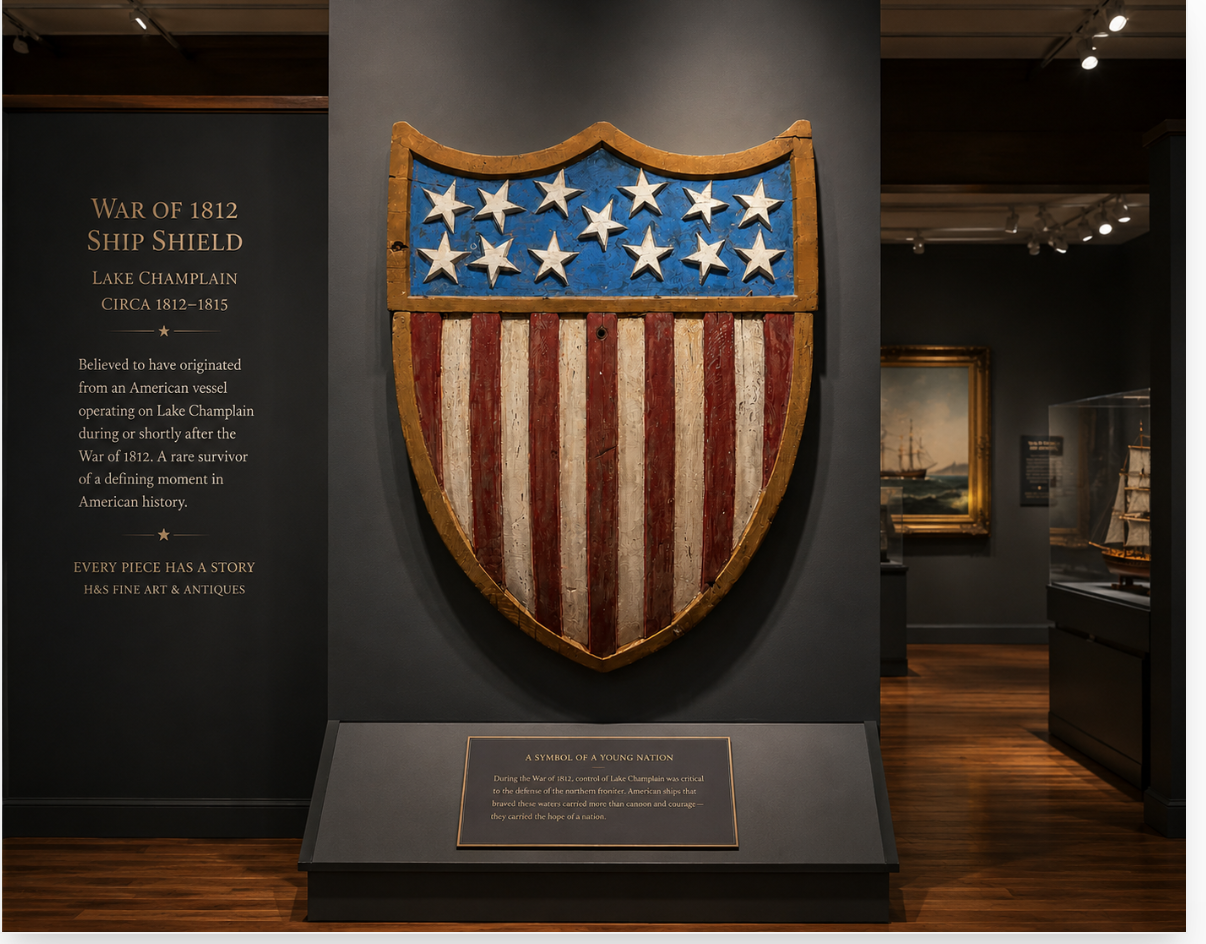 Important 1812 Carved Wood War Battleship Shield