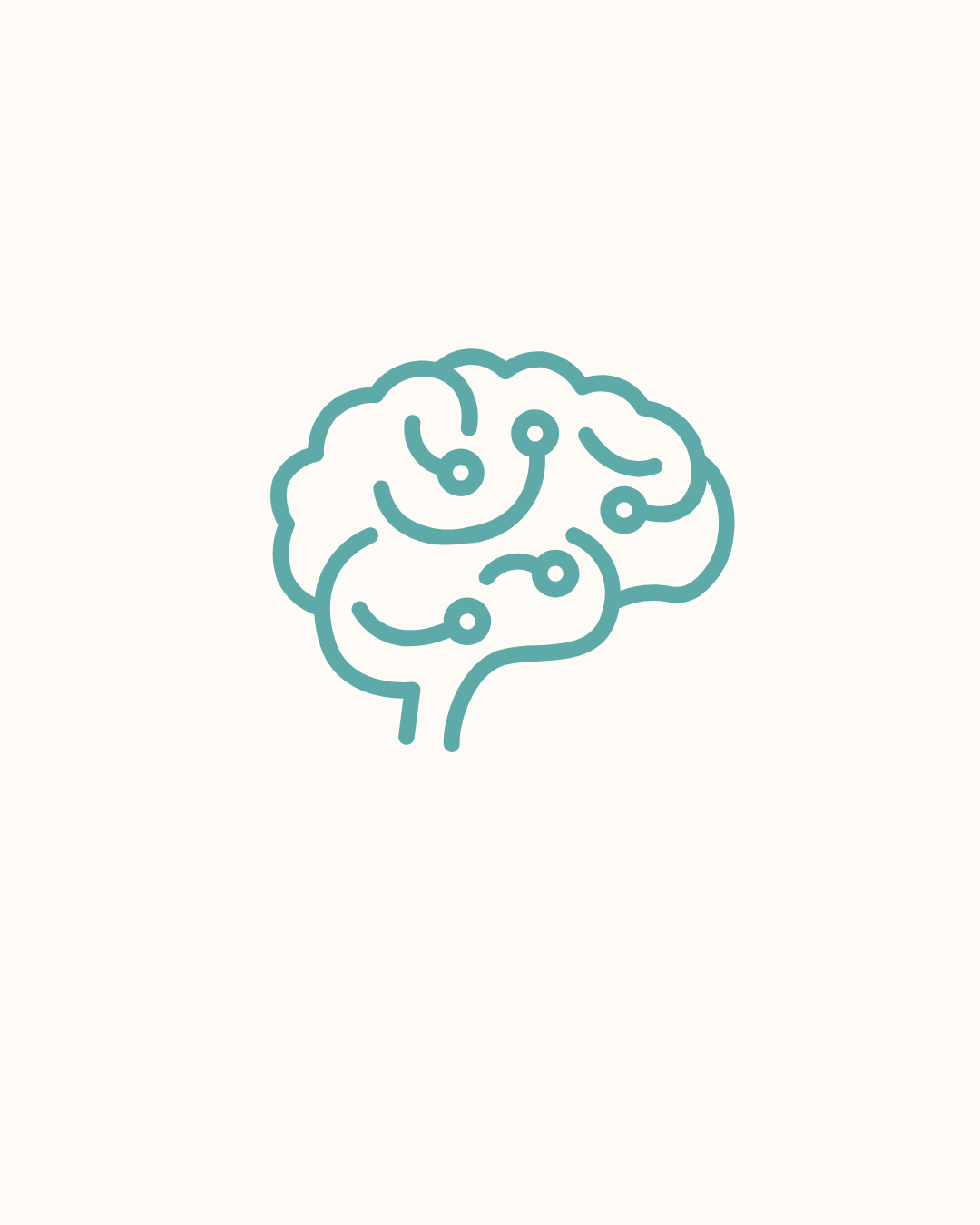 Line drawing of a human brain with interconnected nodes.
