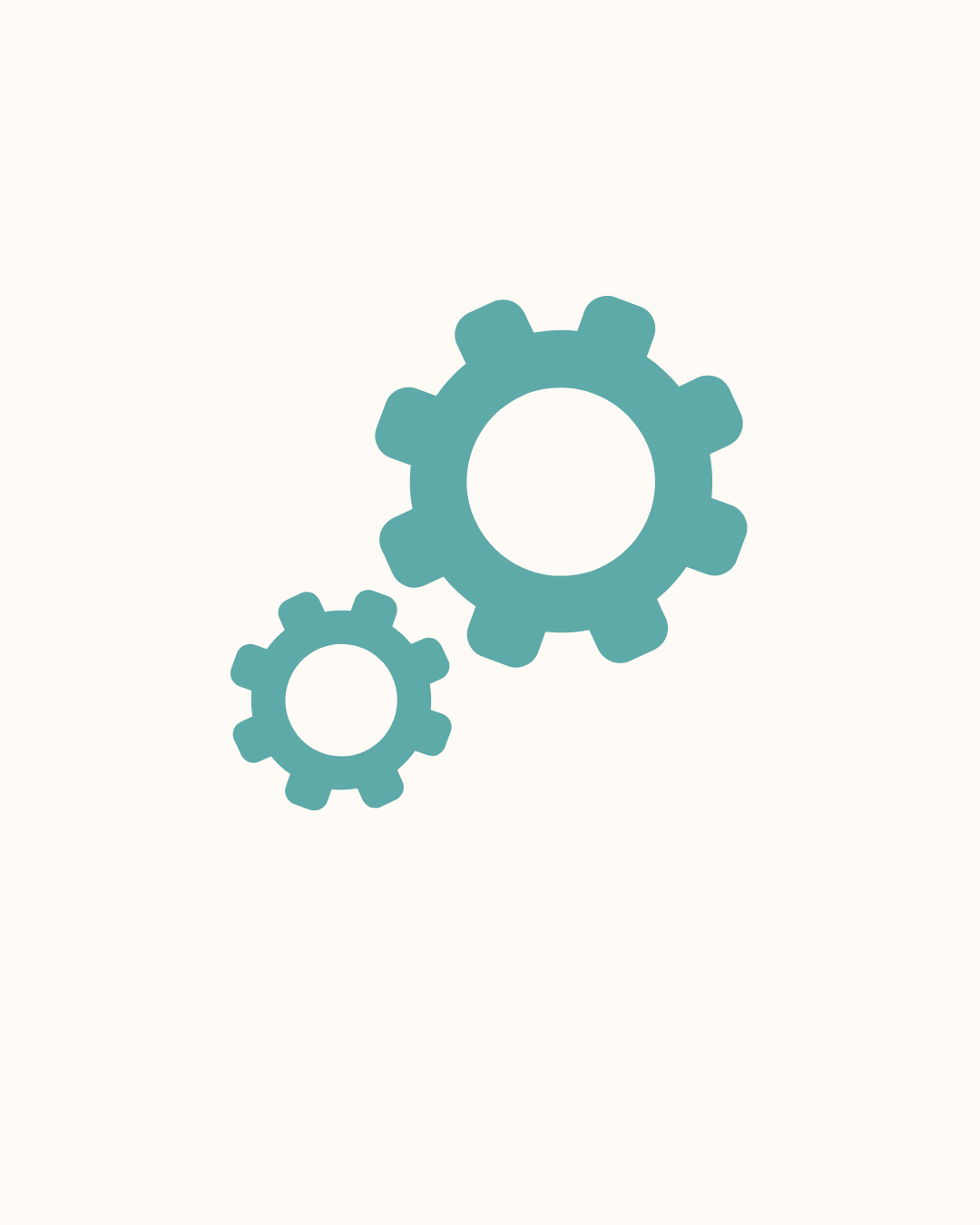 Two teal gear icons on a light background, one larger and one smaller.
