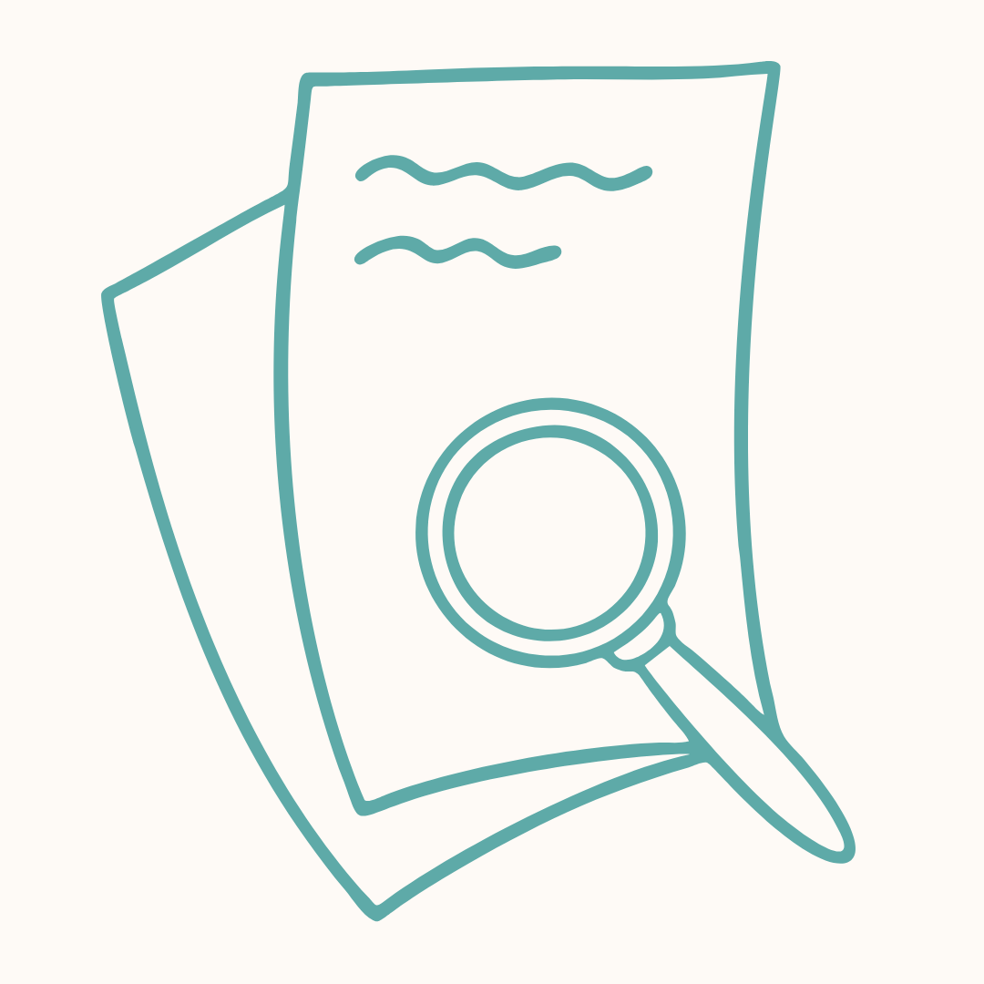 Outline drawing of two documents with a magnifying glass.