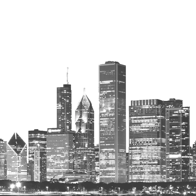 Nighttime view of a city skyline with illuminated skyscrapers in black and white.