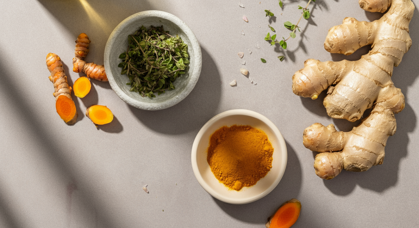 Fresh ginger root with turmeric powder in a bowl, and turmeric-ginger shots with fresh turmeric and ginger on a gray surface.
