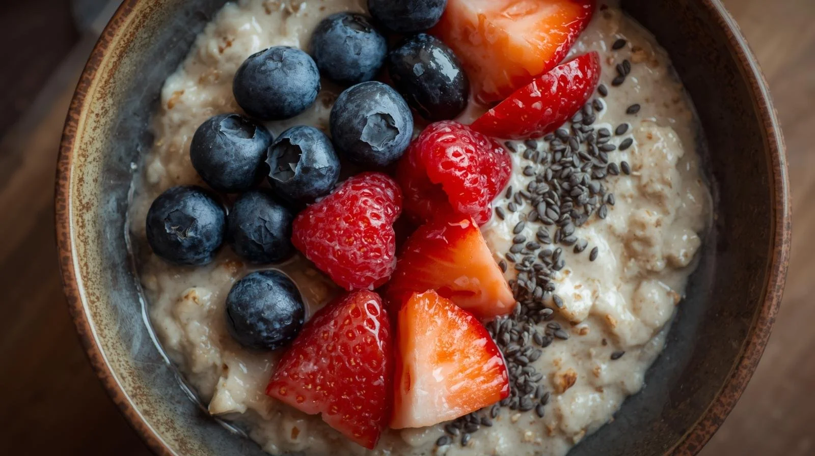 1 cup oatmeal topped with ½ cup berries and 1 tablespoon chia seeds in a bowl.jpg