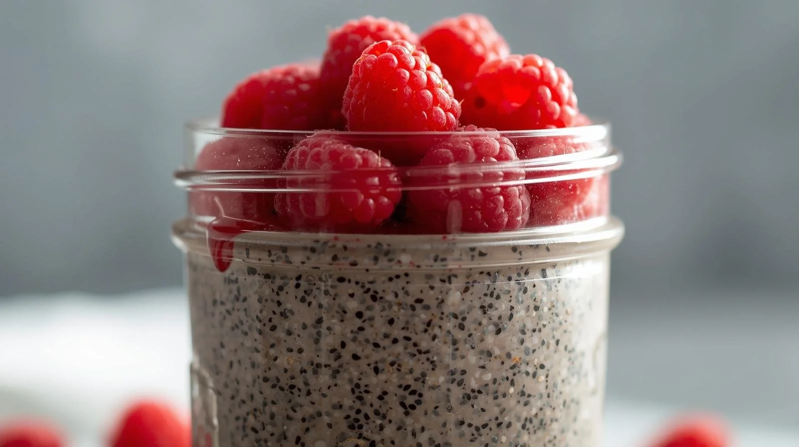 mason jar halfway filled with thickened chia and 1 cup raspberries on the top half.jpg
