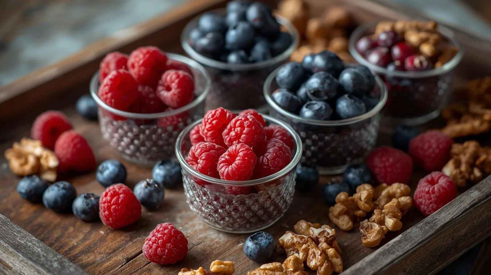 individual cups of blueberries, raspberries, and walnuts on a tray..jpg