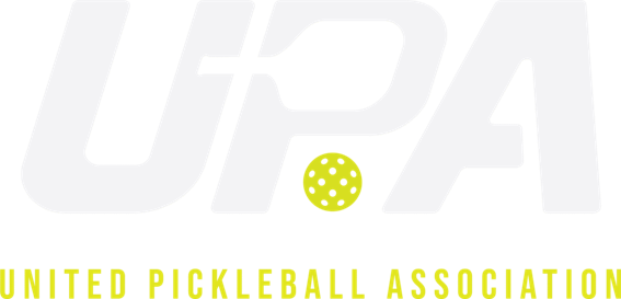 Logo of the United Pickleball Association with large letters 'UPA' and a green pickleball in place of the letter 'O', and the full name written in yellow text below.