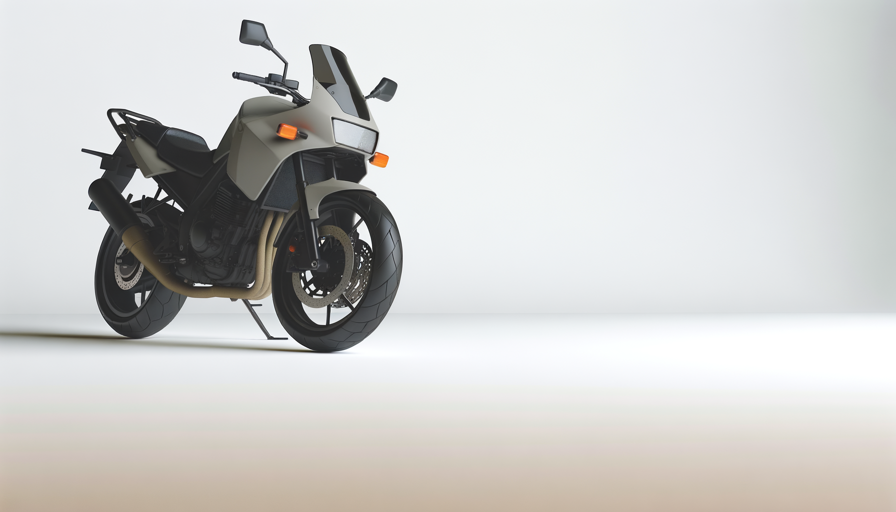 A modern gray motorcycle with black accents, a large front windshield, orange turn signals, and a black exhaust, positioned on a side stand against a plain light background.