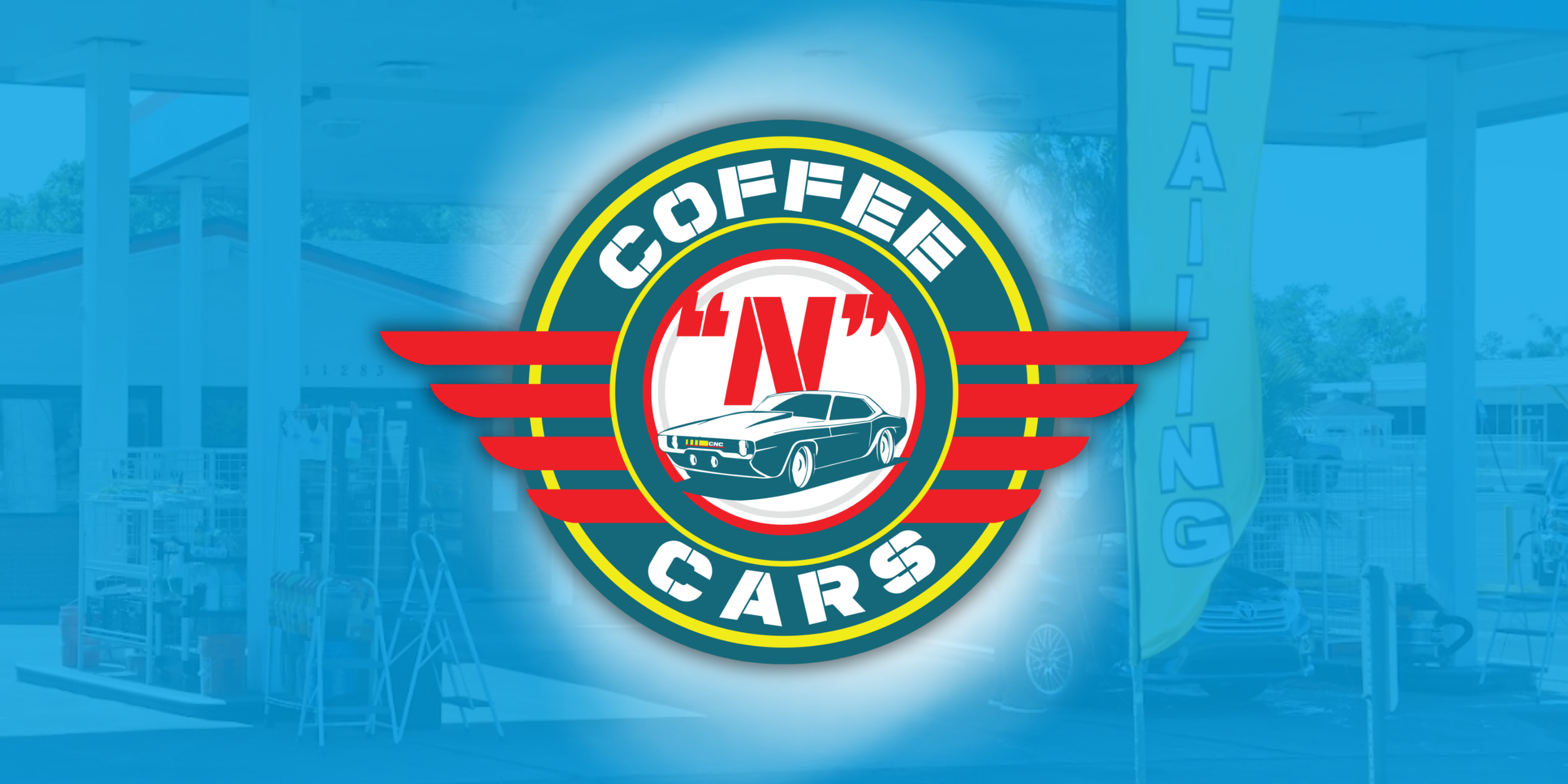 Logo for Coffee Cars featuring a classic muscle car in the center with red wings on either side and the words 'Coffee Cars' and '