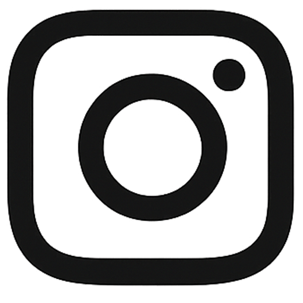 Stylized black Instagram camera icon on a white background.