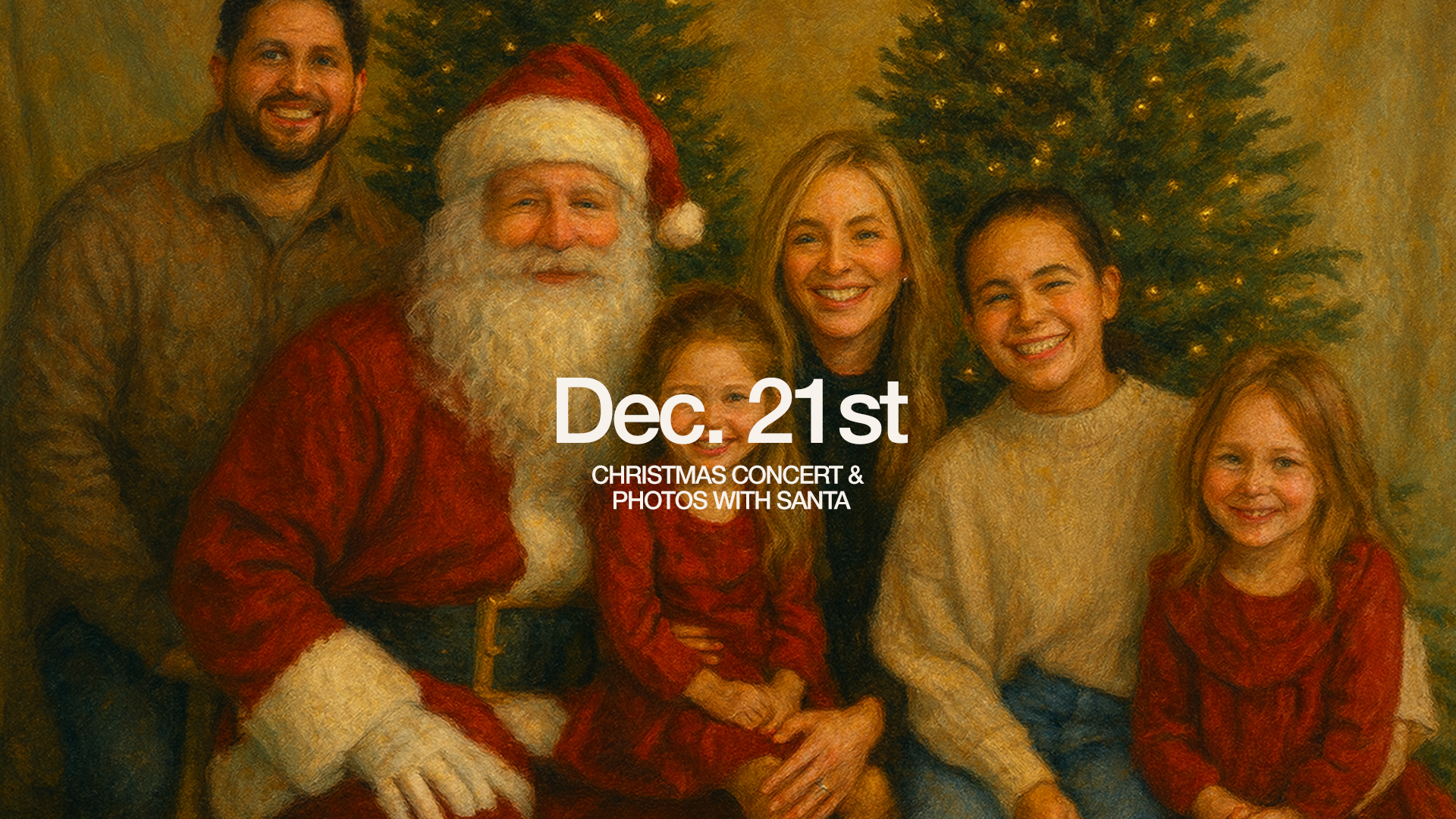 A festive family photo with Santa Claus, an adult woman, and four children smiling in front of decorated Christmas trees. The date Dec. 21st is prominently displayed, indicating a Christmas concert and photos with Santa event.