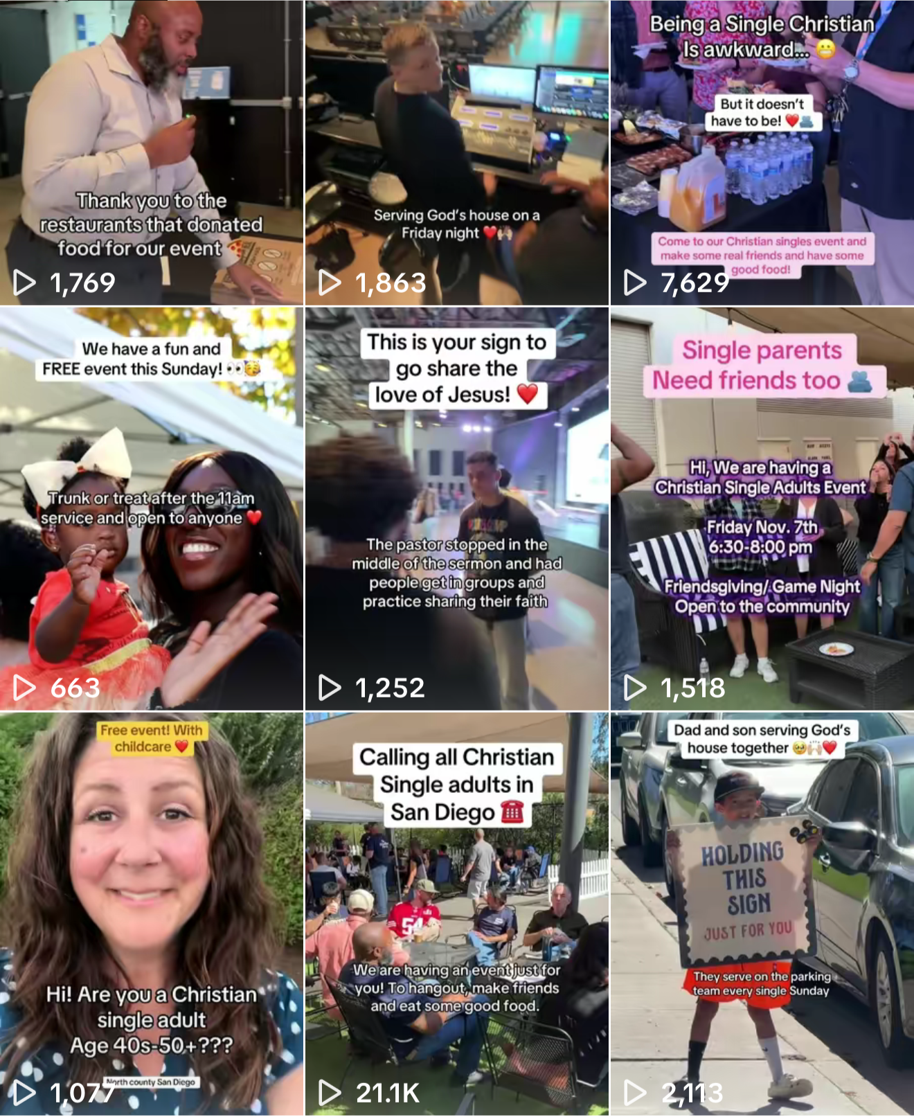 A collage of images featuring various Christian singles events in different locations, including a food donation, event staff at a venue, single adults socializing, and children participating in celebrations like Trunk or Treat. Some images show signs promoting upcoming events and community gatherings for singles and families.
