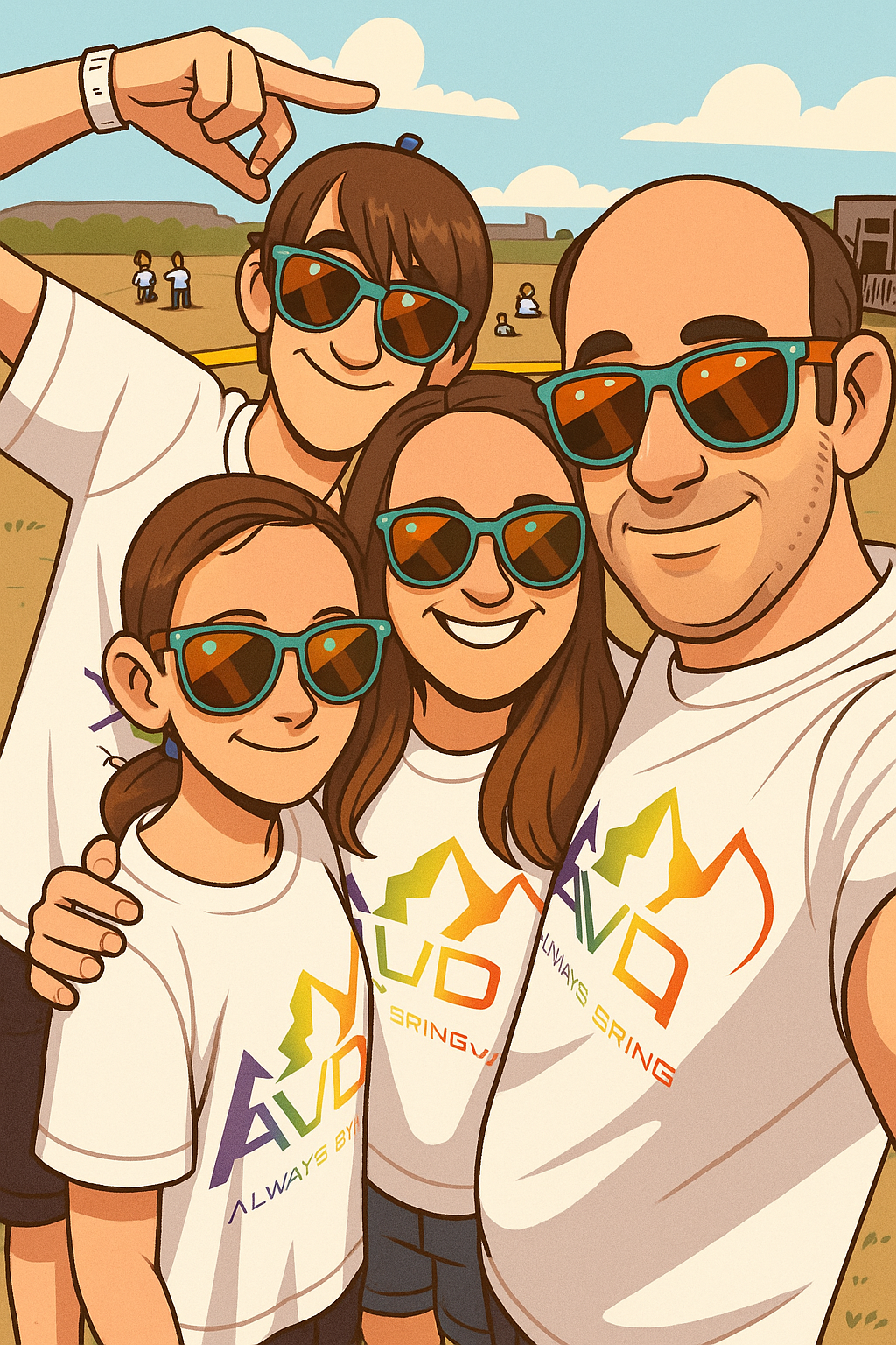 Family taking a selfie outdoors, all wearing sunglasses and matching T-shirts with a colorful mountain design and the text 'Always Bring Up'.