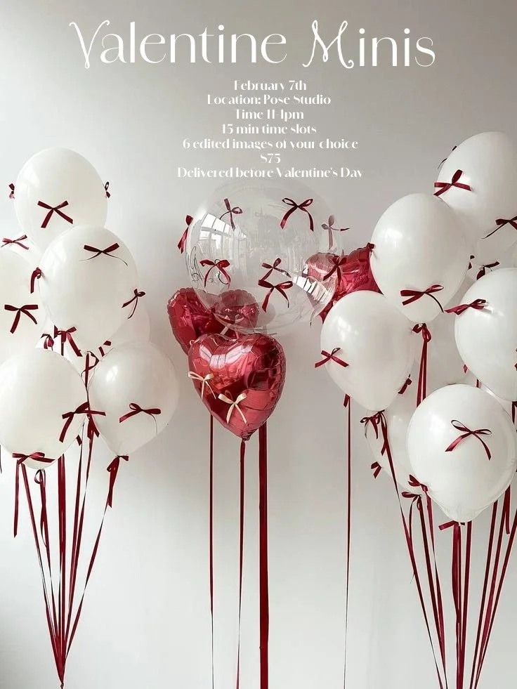 𝒱𝒶𝓁𝑒𝓃𝓉𝒾𝓃𝑒&rsquo;𝓈 ℳ𝒾𝓃𝒾 𝒮𝑒𝓈𝓈𝒾𝑜𝓃𝓈 𝒶𝓉 𝒫𝑜𝓈𝑒 𝒮𝓉𝓊𝒹𝒾𝑜 &thinsp;
2/7 &thinsp;
11-1 pm&thinsp;
6 edited images of your choice &thinsp;
$75&thinsp;
&thinsp;
Get your pictures right before Valentine&rsquo;s Day and share them wit