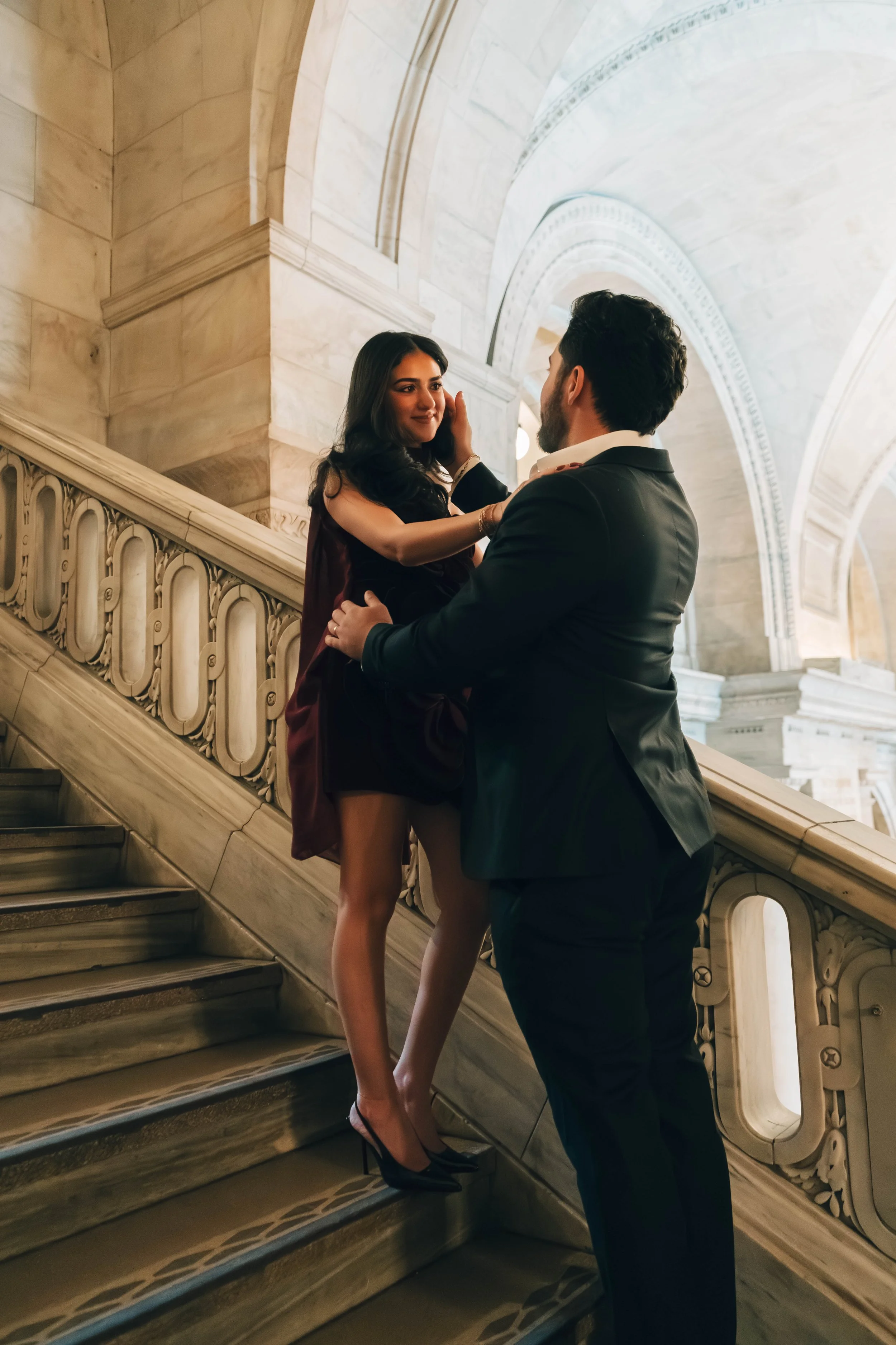 Engagement Photoshoot at New York City Public Library with Captured by Yosi. Elegant, Emotion-filled, romantic couple.