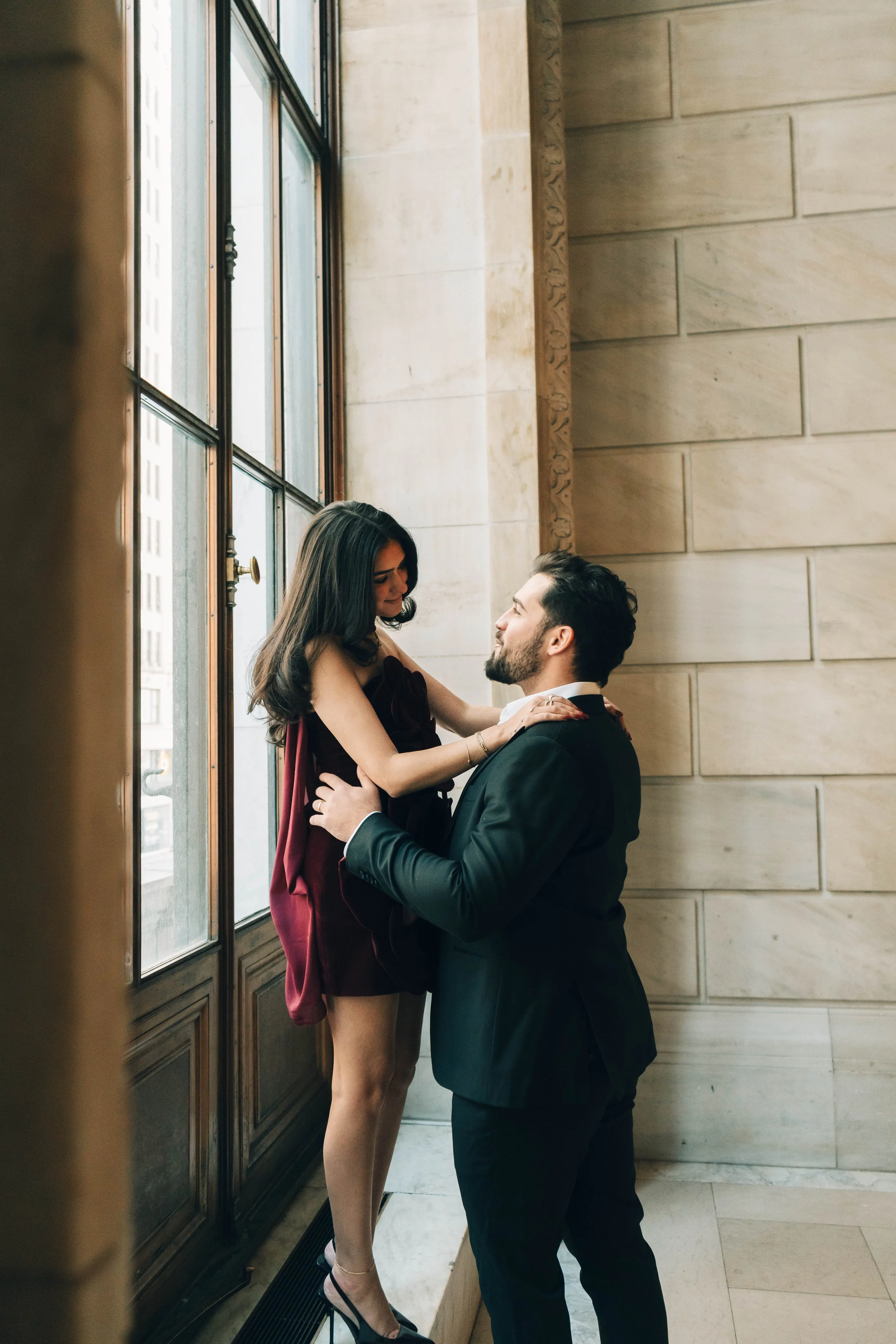 Engagement Photoshoot at New York City Public Library with Captured by Yosi. Elegant, Emotion-filled, romantic couple.