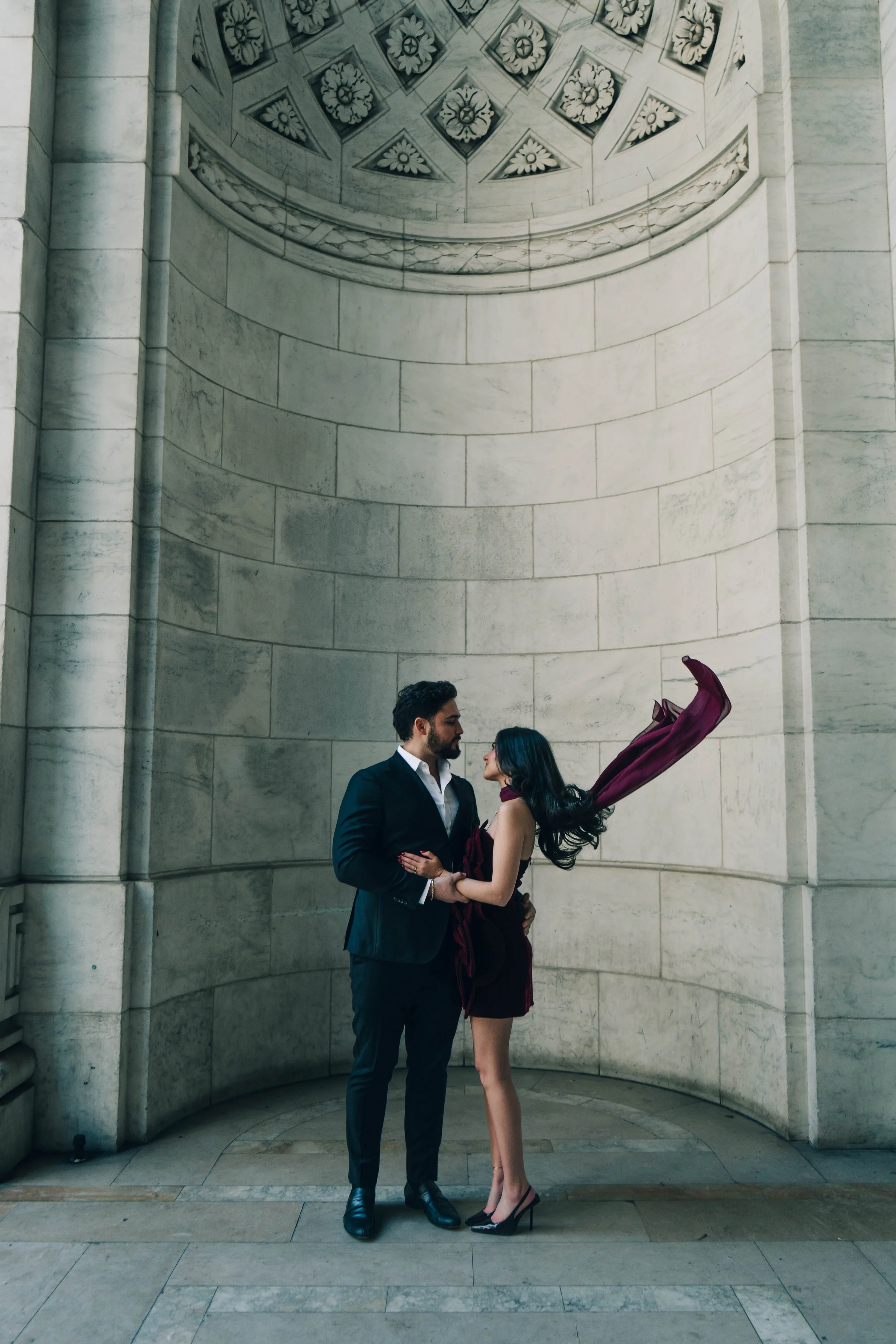 Engagement Photoshoot at New York City Public Library with Captured by Yosi. Elegant, Emotion-filled, romantic couple.