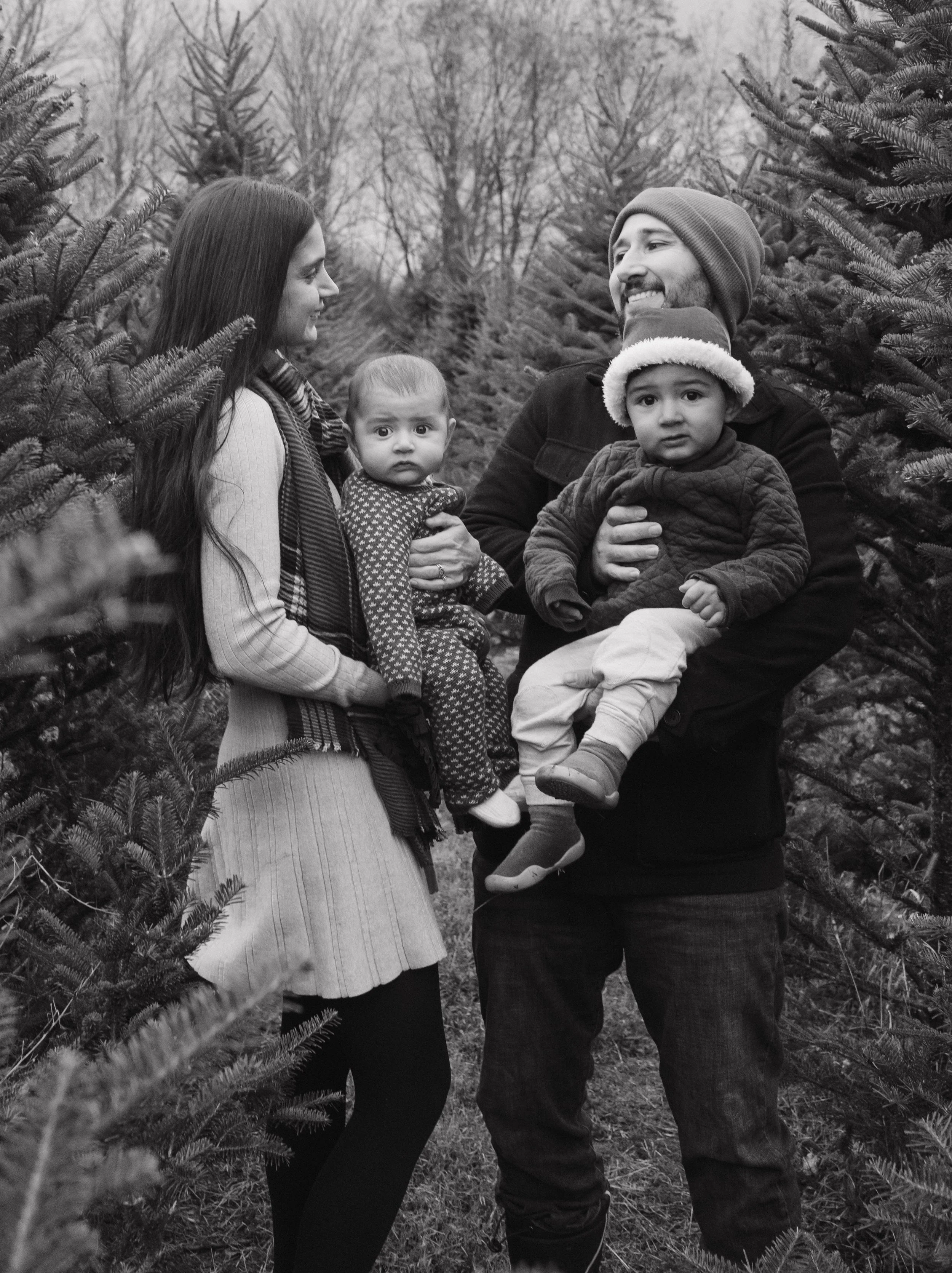 Page's Christmas Tree Farm, Syracuse, NY A family of four, including a woman, man, and two young children, standing among Christmas trees outdoors during daytime, all dressed in warm clothing.