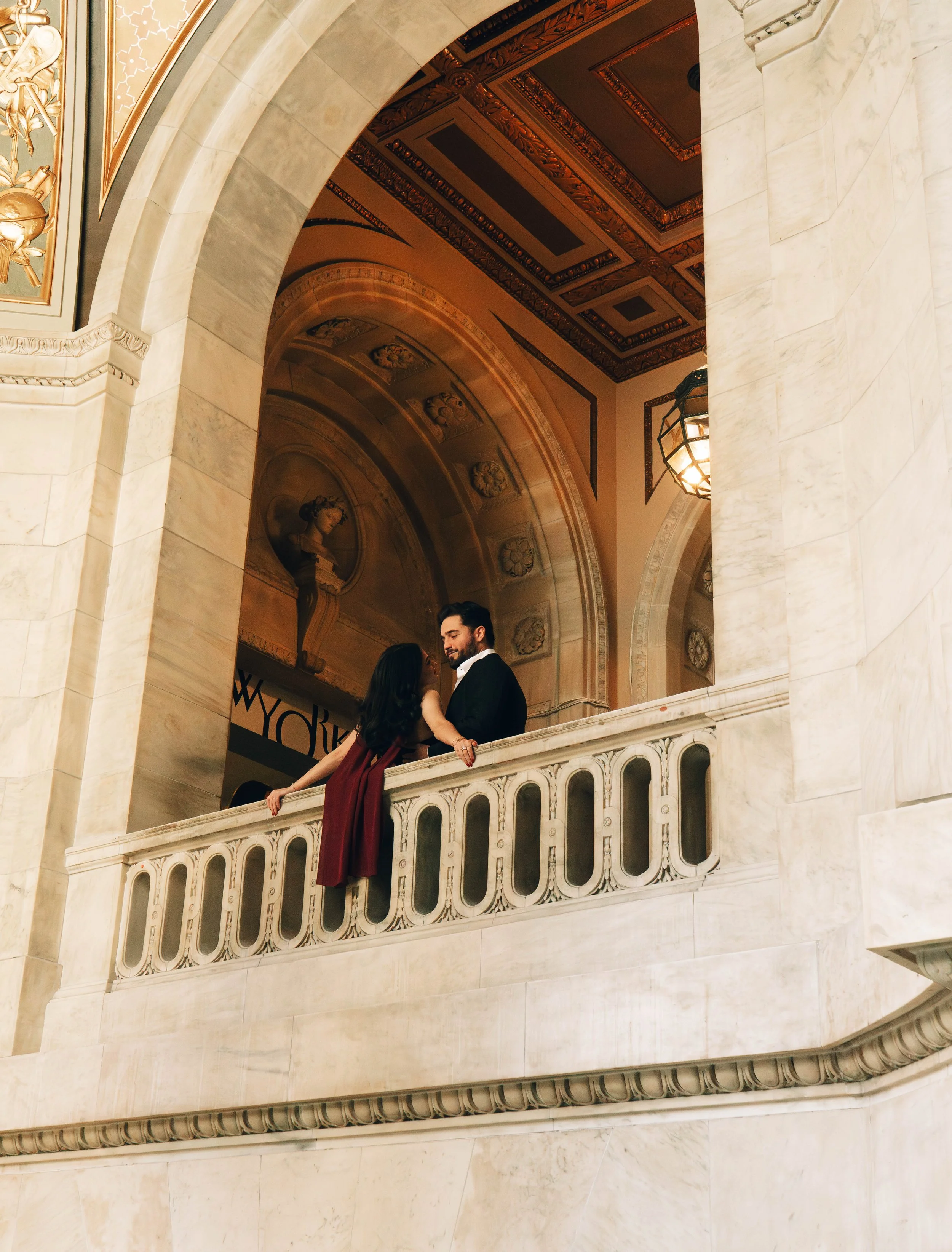 Engagement Photoshoot at New York City Public Library with Captured by Yosi. Elegant, Emotion-filled, romantic couple.