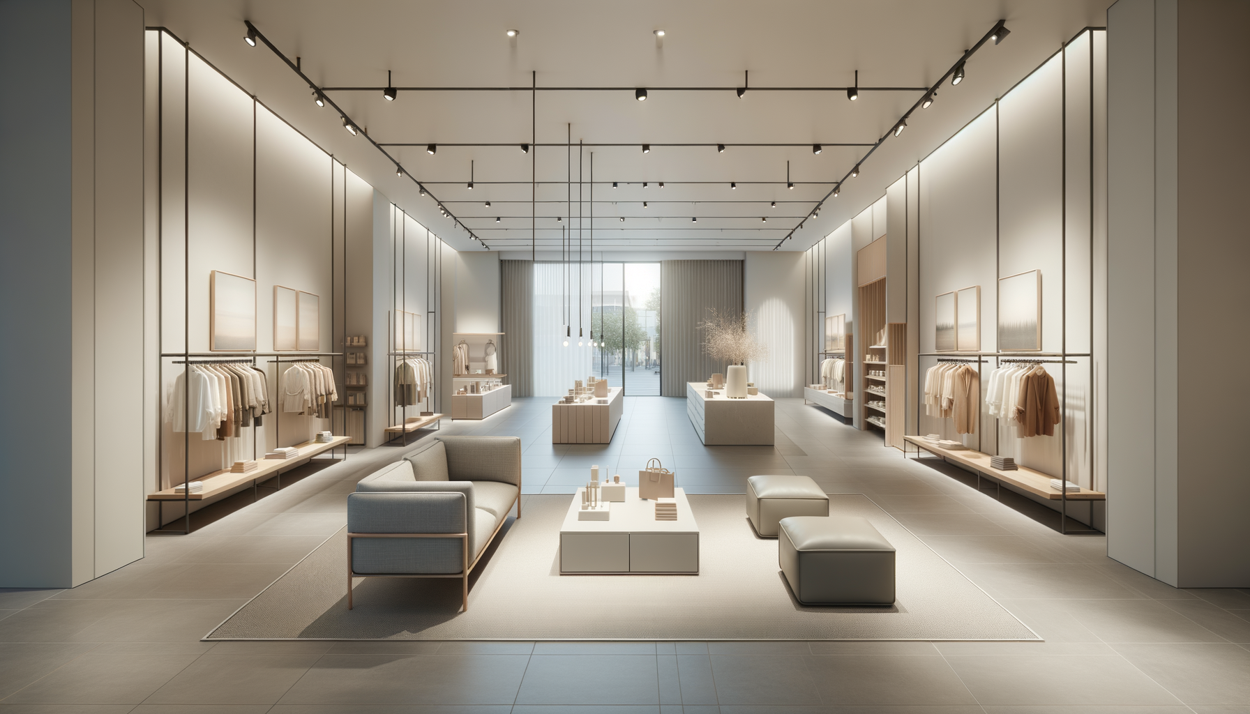 Modern clothing store with neutral tones, displaying apparel on racks along the walls, with seating and display tables in the center, and large windows letting in natural light.