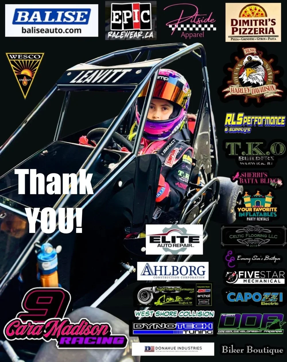 A young girl in a racing helmet sitting in a go-kart surrounded by various sponsor logos. Large text says 'Thank you!'.