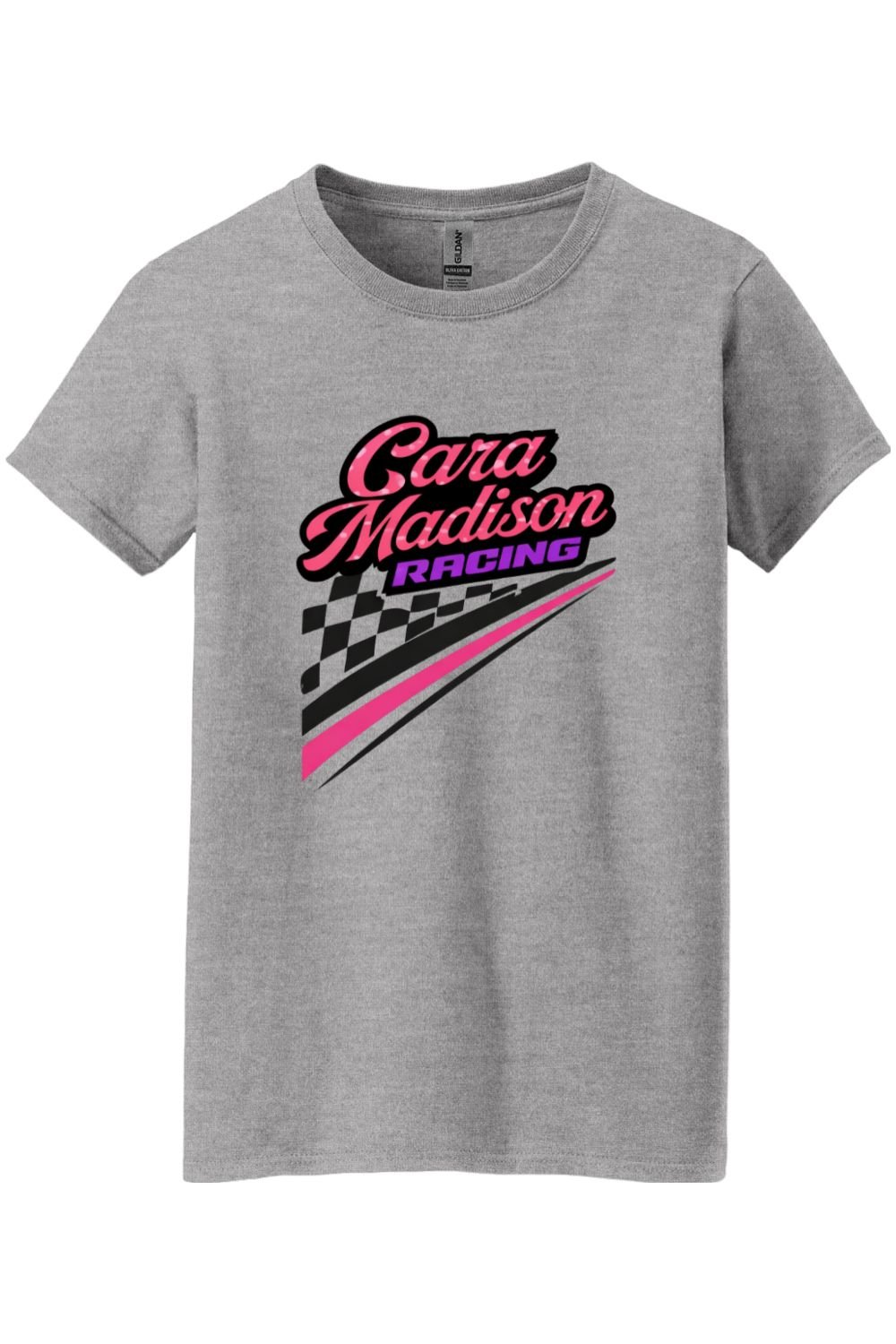 Light Gray CARA MADISON RACING T-Shirt featuring the CMR Logo featuring checkered flag design.