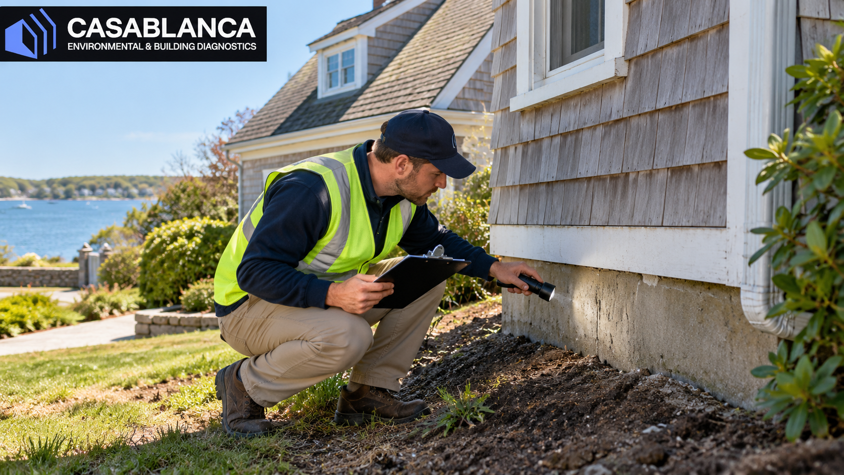 Home inspector checking the foundation and drainage of a shingled house on Long Island’s East End