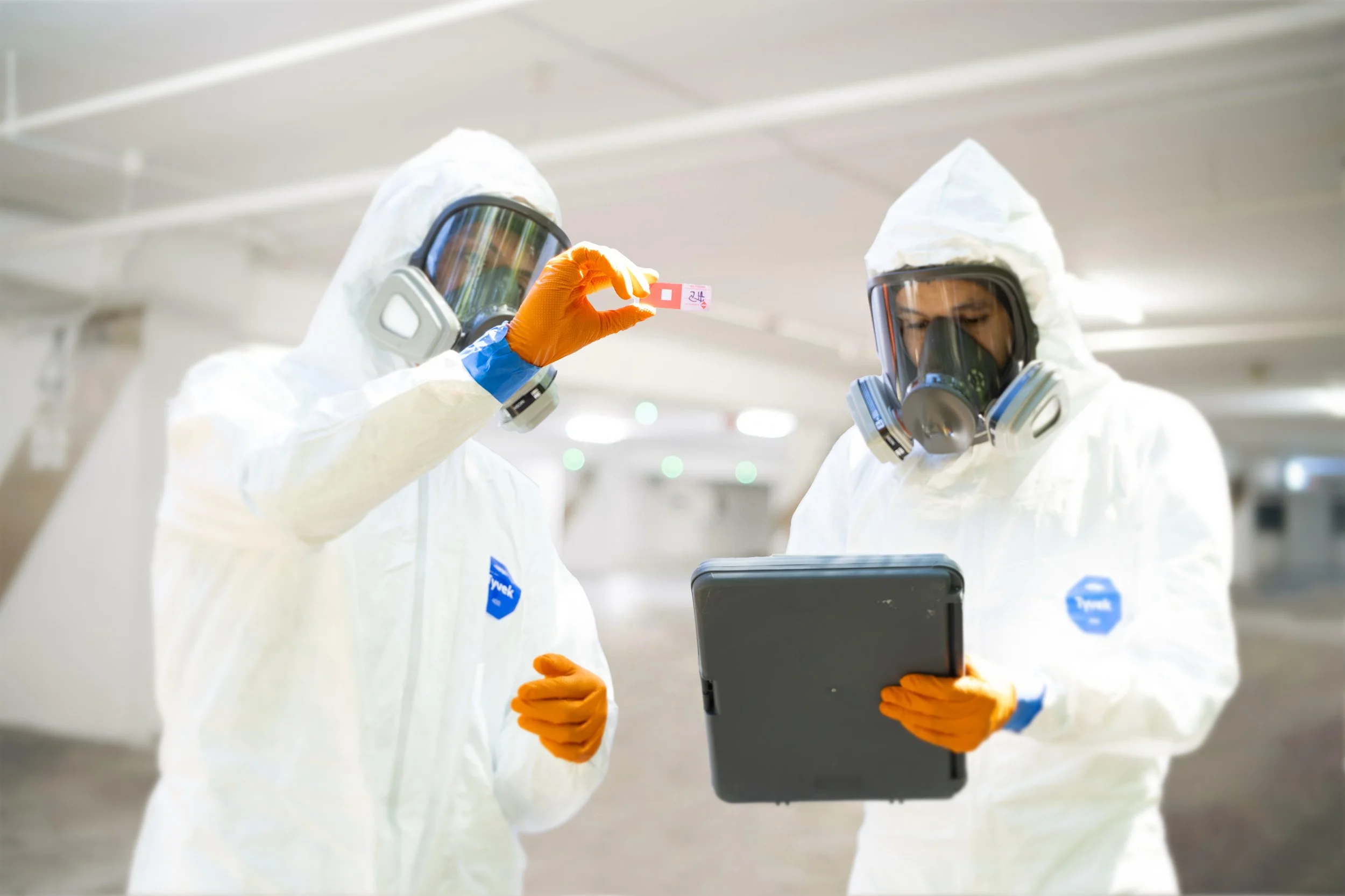 Mold assessor examining a labeled sample tape lift before sealing it for laboratory analysis, with a colleague logging the sample on a tablet.