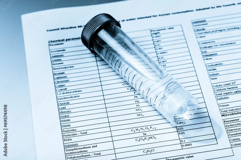 Laboratory test report with a clear plastic test tube lying on top of it.