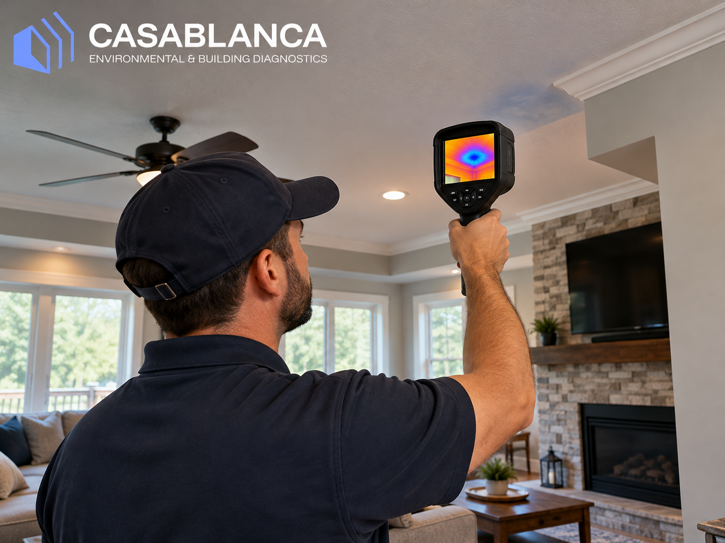 Inspector pointing an infrared camera at a living room ceiling, with a cool patch visible on the screen