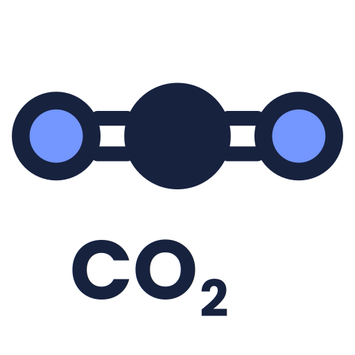 Illustration of a carbon dioxide molecule with the chemical formula CO₂ below it.
