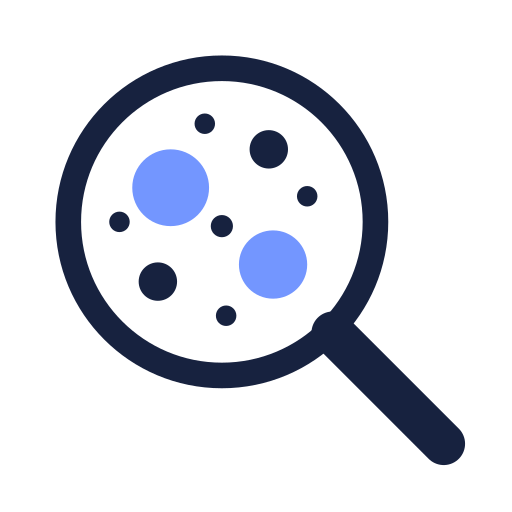 Magnifying glass over a surface with bacteria or microorganisms.