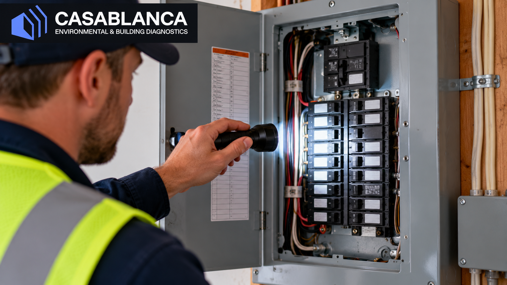Inspector examining an electrical panel during a pre-purchase home inspection