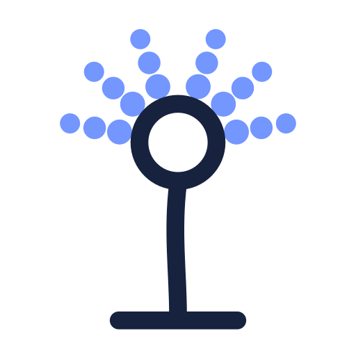 Graphic icon of a microphone emitting sound waves or particles.