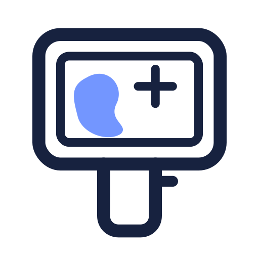 Icon of a medical scanner or imaging device with a head profile and a plus sign.
