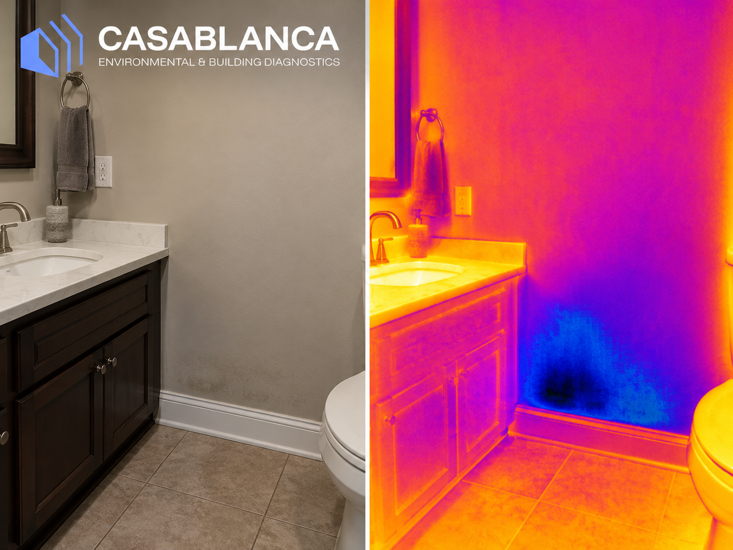 consists of two photographs of a bathroom wall, one in plain view and the other in thermal view, with a cool area near the floor of the wall