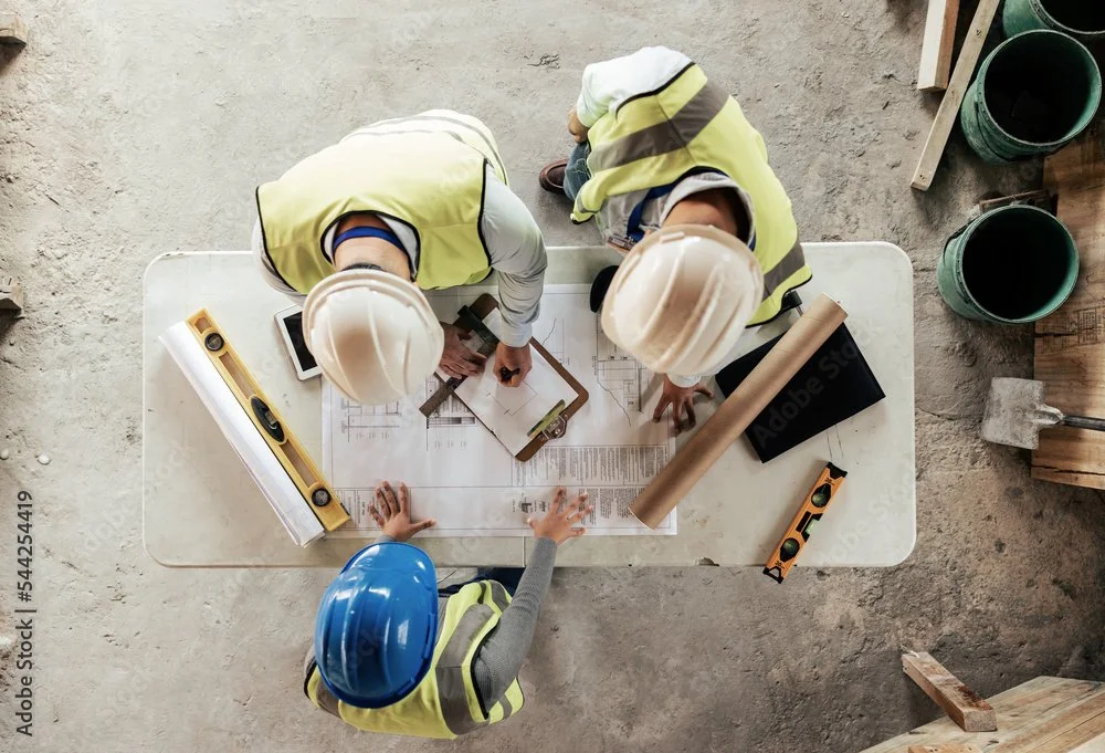 Three construction workers wearing safety helmets and vests reviewing blueprints and construction plans at a table on a construction site.