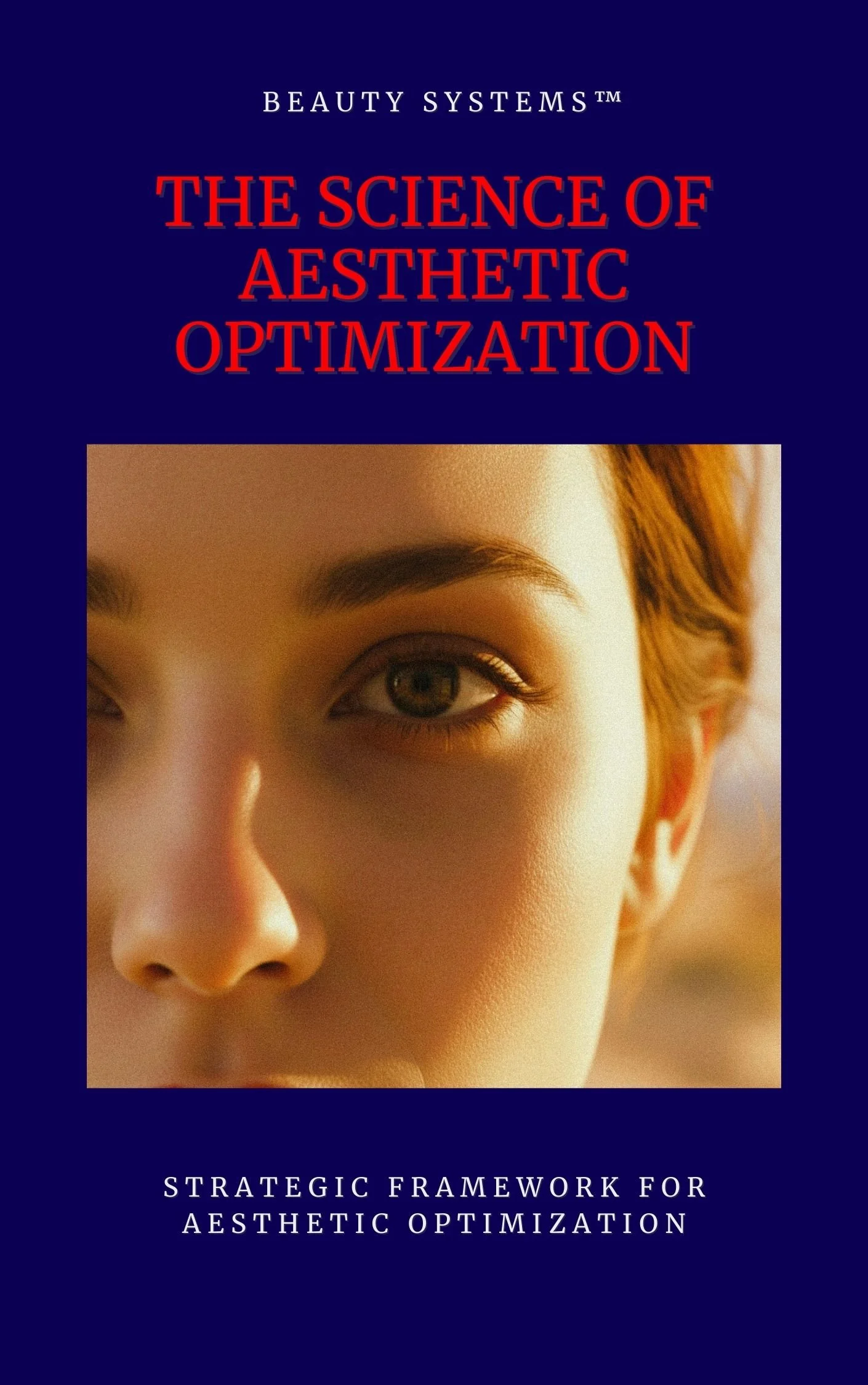 Book cover titled "The Science of Aesthetic Optimization" with a close-up of a woman's eye and face, featuring warm lighting and natural skin tones, on a dark blue background.