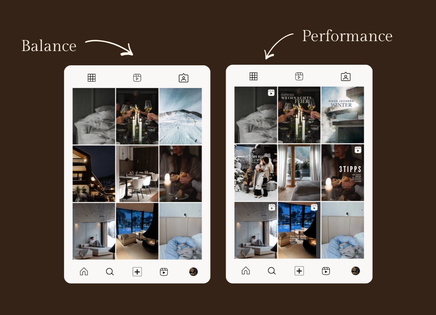 Zwei Smartphone-Bildschirm-Layouts, eines labeled als 'Balance' mit einem weißen Hintergrund, das andere als 'Performance' mit einem dunklen Hintergrund. Beide zeigen Bilder von Innen- und Außenszenen, wie Ferienhäuser, Winterlandschaften, Essen und Lebensstil, mit Unterschieden in der Anordnung und den Inhalten der Bilder.