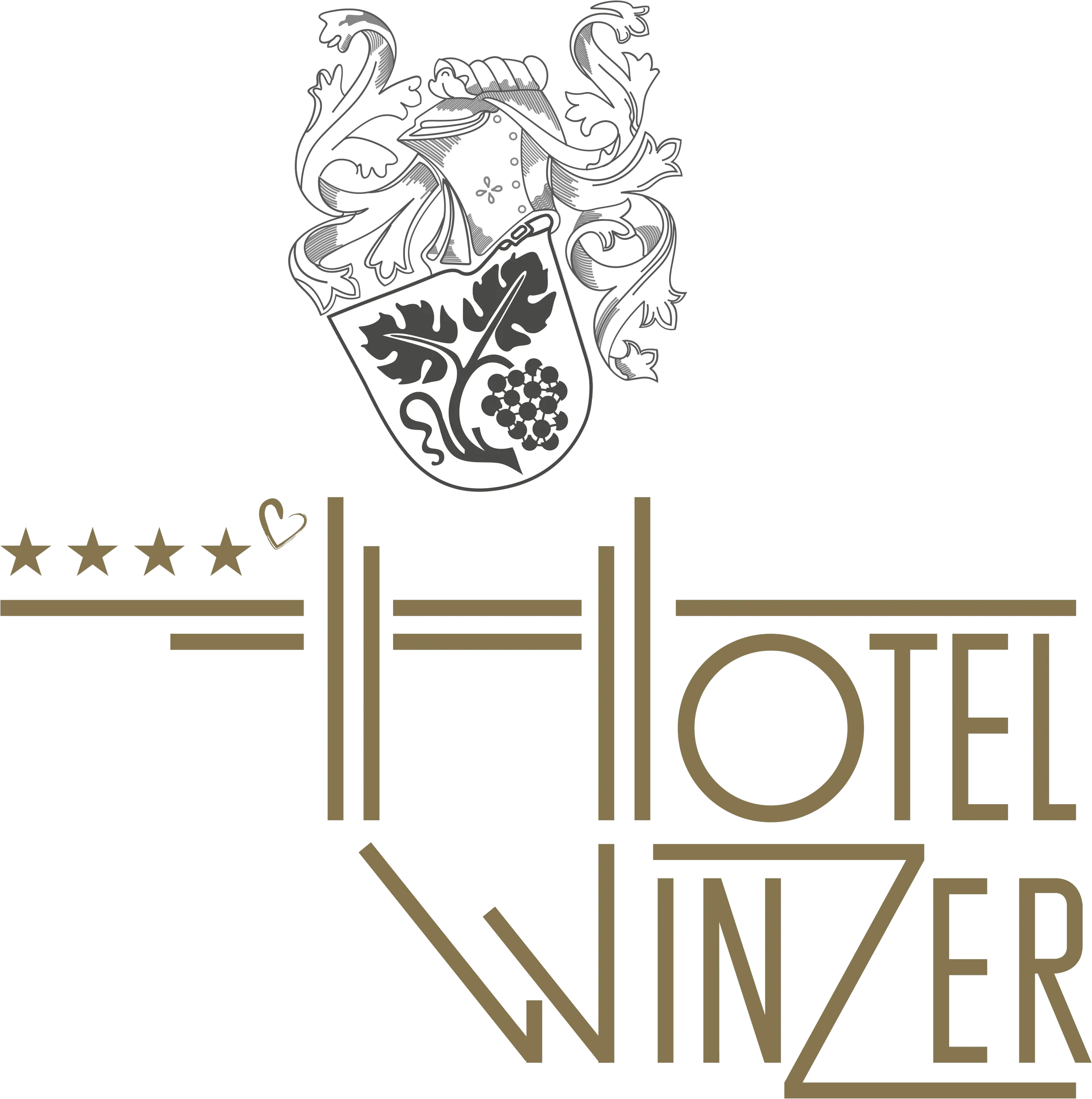 Ein stilisiertes Logo eines Hotels mit einem Wappen, einer Krone, Pflanzenmotiven und dem Schriftzug 'HOTEL IN ZIER' in Gold- und Schwarztönen.