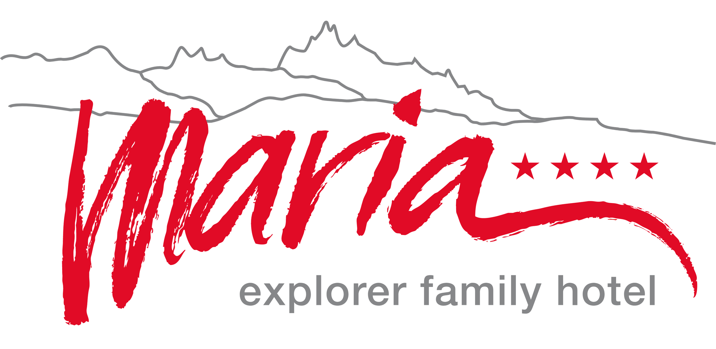 Logo des Hotels 'Mahana', mit stilisierten Bergsilhouetten, der Hotelname in roter Handschrift und fünf rote Sterne, darunter die Beschreibung 'explorer family hotel' in Grautext.