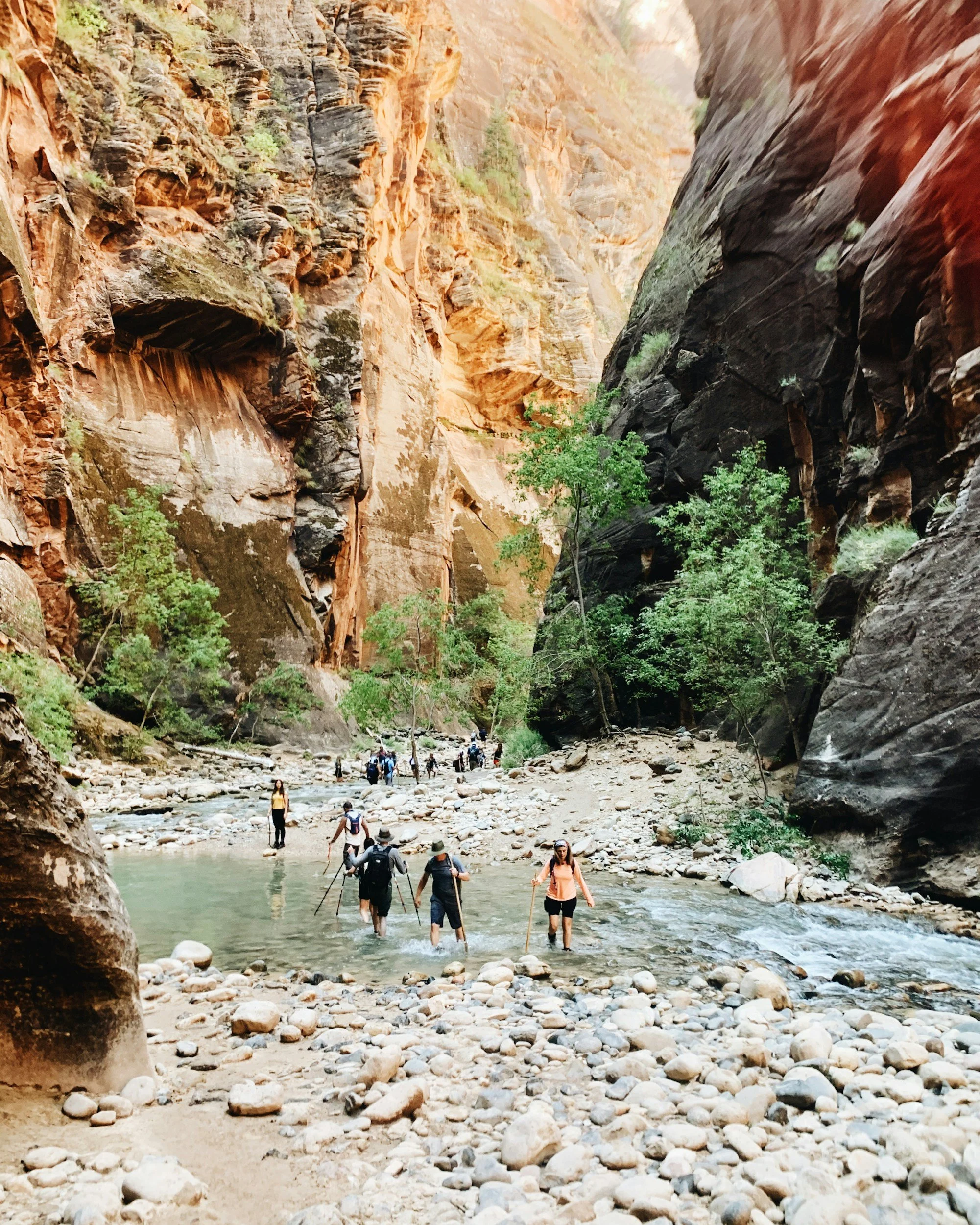 Group of people crossing a river in a canyon with towering, colorful rock walls and sparse green vegetation along the riverbank.