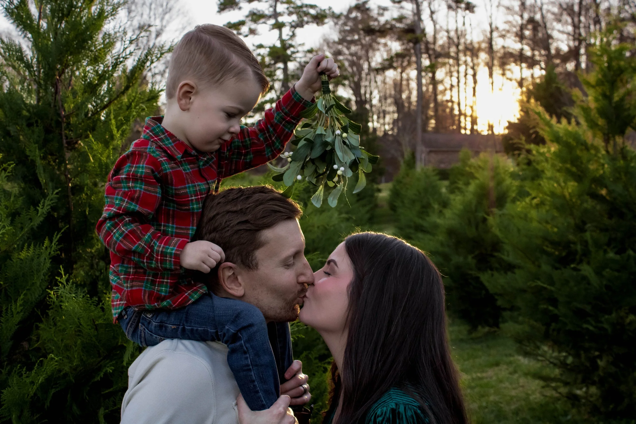 Family of three (man, woman, and young boy) sharing a kiss outdoors during sunset, boy holding a branch of greenery above their heads, surrounded by trees.