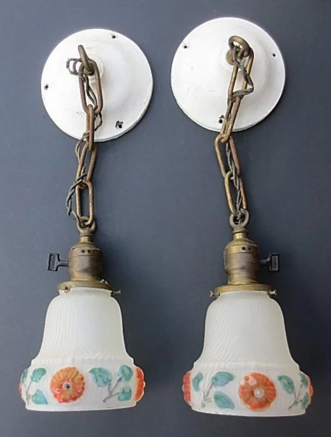 **SOLD** Matching pair of 1930s ceiling lights. Not sure of origin but really lovely. Will need re-wiring but come complete with galleries. No cracks or damage.