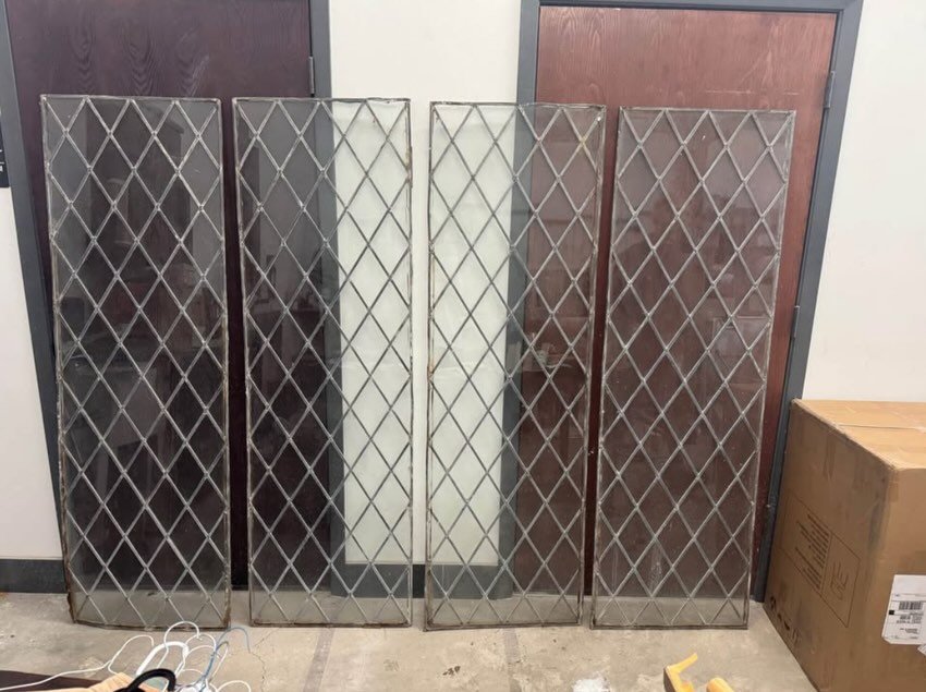 **SOLD** X4 large leaded glass windows available for collection or delivery at additional cost. Reclaimed from a large country house undergoing restoration works. Carefully removed and in very good condition for age.