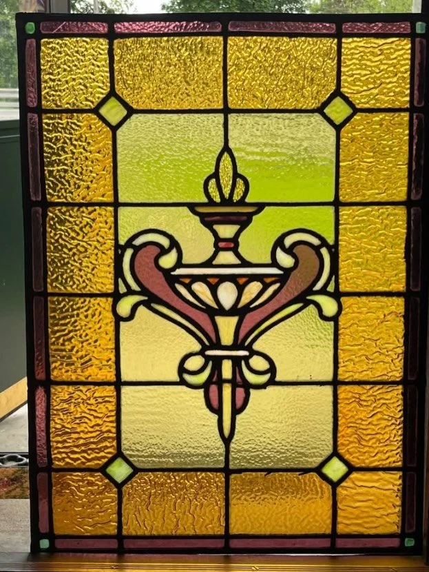 Stained glass window taken from a pub somewhere in London. Carefully removed with no damage. 17&rdquo; X 26&rdquo;.