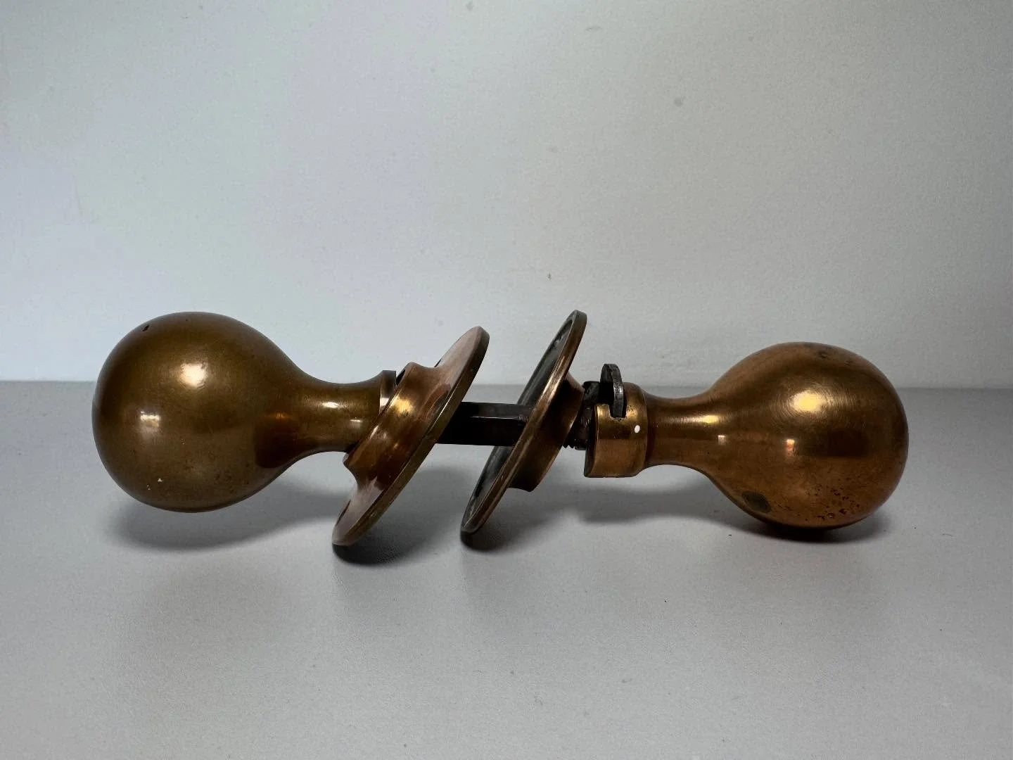 A gorgeous pair of large antique brass door knobs. Very heavy with a lovely patina. Taken from a nearby cottage in Herefordshire, England undergoing renovation work. A lovely item that would add real character to any door. &pound;70 the pair. Can pos